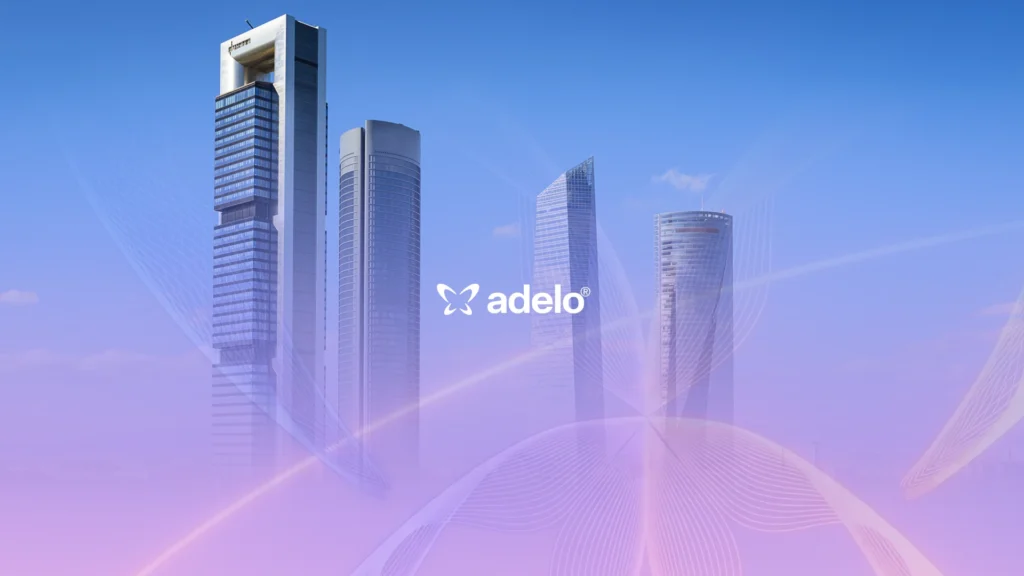 Madrid skyline with the Adelo logo